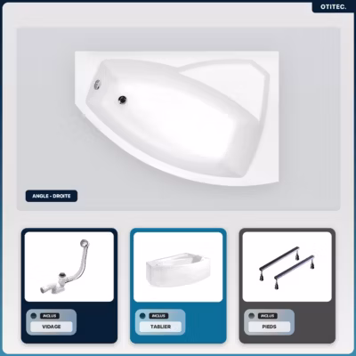 Baignoire asymétrique – 130 x 85 cm – Droite – avec Tablier – Pieds – Vidage Chrome – RIMA