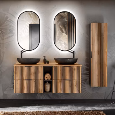 Ensemble meuble double vasque 140cm 2 niches miroirs LED et colonne Gaia Bois et Noir – Vasque Noir