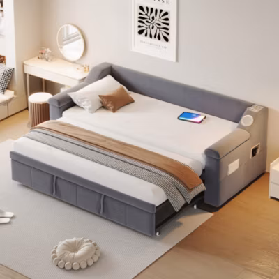 Lit Gigogne 90×190 cm – avec Rangement sous Le Lit et Haut-Parleur Bluetooth, Port USB, Velours Gris, Sans Matelas