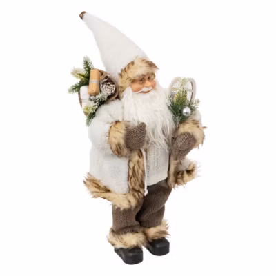 Père Noël en fourrure sherpa blanche et beige H 45 cm