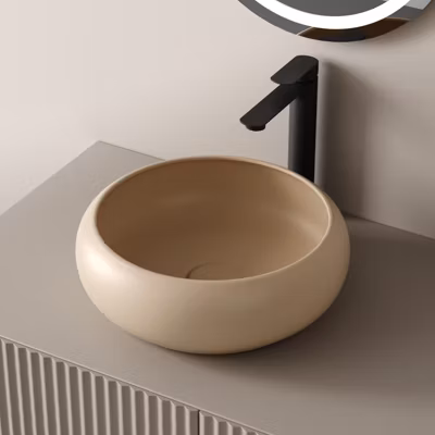 EMKE Vasque à Poser Ronde Incurvée 360 x 360 x 120mm, Lavabo de Salle de Bain en Céramique, Montage sur Comptoir, Beige mat