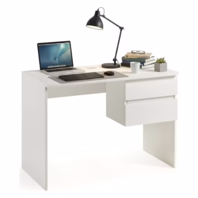Bureau Carpino, Bureau linéaire avec 2 tiroirs, Table d&rsquo;étude polyvalente et peu encombrante, 110x53h76 cm, Blanc