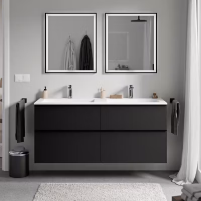 Meuble vasque suspendu MDF Noir mat, lavabo fonte Blanc mat + trou robinet, poignée Anthracite mat – 120x46x62cm – LAVOA