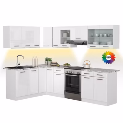 Vicco Cuisine dangle blanc/blanc brillant 267x167cm , PT Marbre avec bande LED