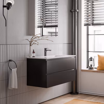 Meuble vasque suspendu MDF Noir mat, lavabos Blanc brillant + trou robinet trop plein & Bonde – 100x46x50cm – AVA