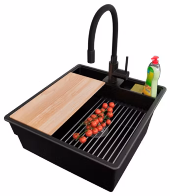 PRIMAGRAN Evier Cuisine en Granit Noir 48x53cm, Lavabo 1 bac + Kit de Vidage + Accessoires, Évier à Encastrer au meuble 50cm