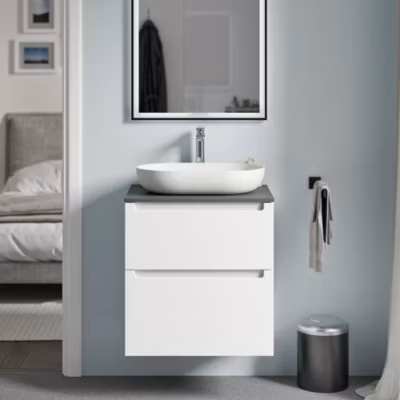 Meuble sous vasque suspendu MDF Blanc mat, plan vasque Anthracite mat, tiroirs pivotants – 60x46x62cm – VIREO