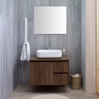 Meuble De Salle De Bain Suspendu 75Cm Noyer Foncé, Lavabo À Poser, Miroir 70X80  – Siena