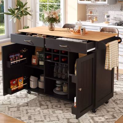 Îlot de Cuisine Moderne avec Rangements et Étagères – Desserte Multifonction en métal et MDF, 102 x 45 x 92 cm, Noir