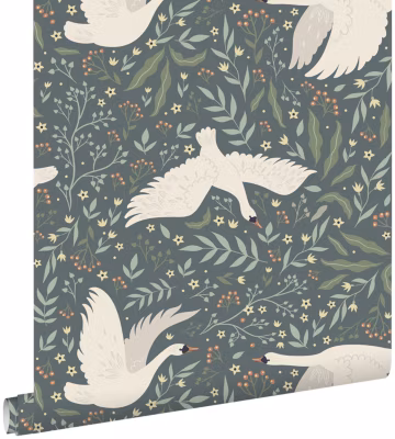 ESTAhome papier peint cygnes bleu gris et blanc 53 cm x 10.05 m