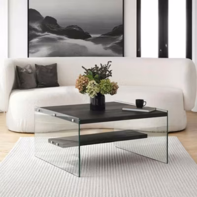 Table basse verre et bois plateaux gris suspendus, LHASA