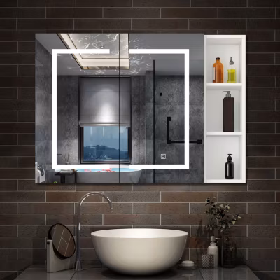 Armoire de toilette 100 x 70 cm avec 2 Portes Miroir LED, Éclairage 3 Couleurs, Anti-Buée et Prise Rasoir, Blanc