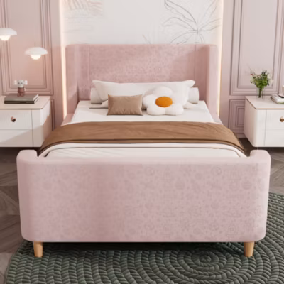 Lit 90×200 cm tapissé velours avec tête de lit style luge, motifs spatiaux enfantins, coloris rose