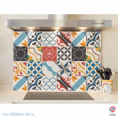 Crédence cuisine fond de hotte Carreaux ciment pop art – Verre trempé – L 90 cm x H 70 cm – MaCrédenceDéco