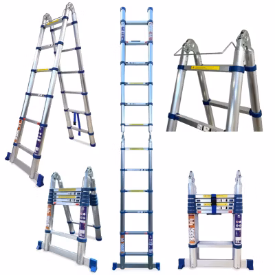 Echelle Télescopique Double Plan 3,8M, Echelle Pliante 2 en 1, Fabriquée en Aluminium, Qualité Pro, Certification 150 kg, EN131