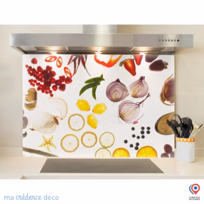 Crédence cuisine fond de hotte fruits et légumes – Verre trempé – L 90 cm x H 60 cm – MaCrédenceDéco