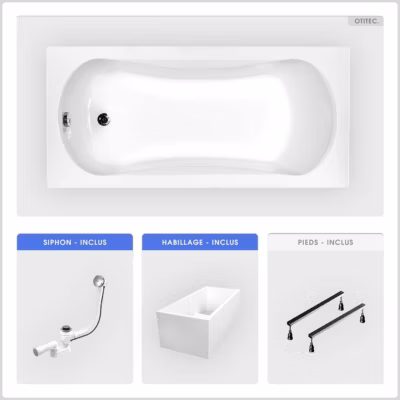 Baignoire rectangulaire – 130 x 70 cm – avec Habillage Polystyrène – Pieds – Vidage Chrome – ARIA