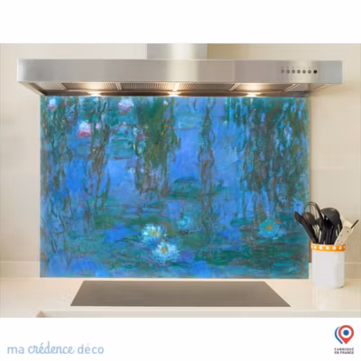 Crédence cuisine fond de hotte Claude Monet, Nymphéas bleus – Verre trempé – L 70 cm x H 60 cm – MaCrédenceDéco