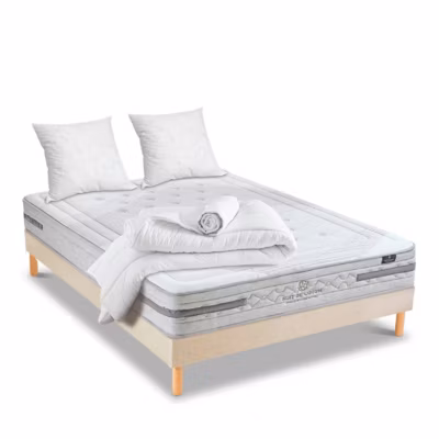 Pack Sérénade 140×190 cm Matelas Ressorts ensachés + Sommier Bois + Accessoires