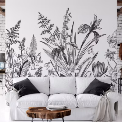 Papier peint floral et panoramique avec jardin de plantes – 85×260 cm (l x h)