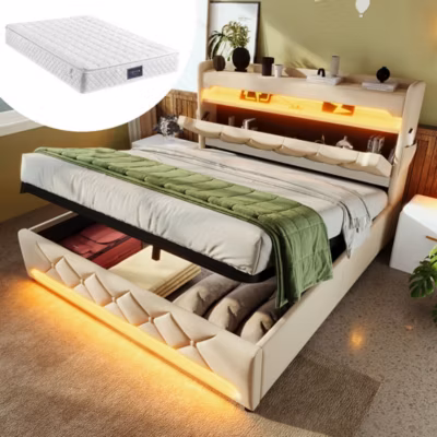 Lit hydraulique 140x200cm, lit double, espace de rangement en tête de lit avec port usb et type c, lin, beige, avec matelas