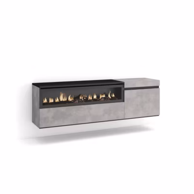 Meuble TV 150x35x45cm feu led sans chaleur mural couleur gris ciment