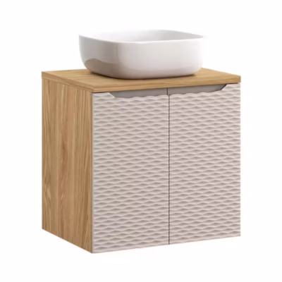 Ensemble de salle de bain YOKA beige : meuble sous vasque à placards 60 cm et plan vasque et vasque à poser