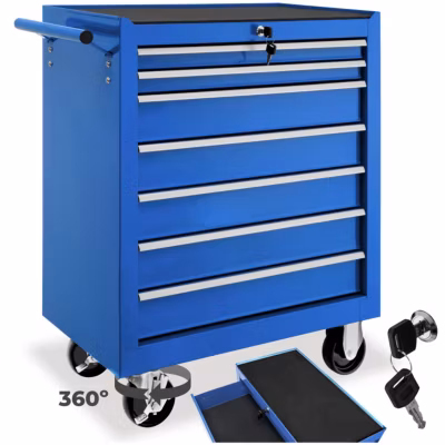 Servante d&rsquo;atelier 7 tiroirs spacieux verrouillables avec tapis antidérapant bleu