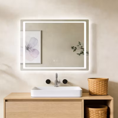 Miroir de salle de Bain rectangulaire 90×70 cm , 2 Interrupteurs, Anti-Buée, Miroir lumineux de salle de bains