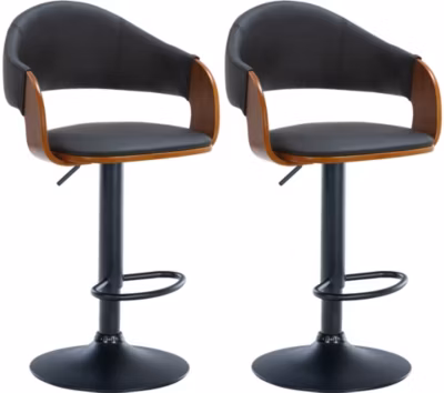 Lot de 2 tabourets de bar Nilse similicuir, chaise de bar avec coque en bois, structure réglable Métalnoirmat/Noyer/Noir