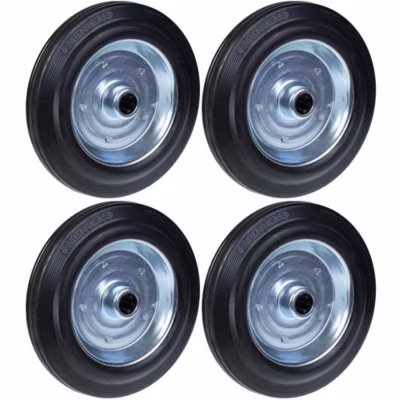 Roue en caoutchouc noir de 250 mm (10&Prime;) avec moyeu en acier embouti de 25 mm, charge maximale 210 kg – Lot de