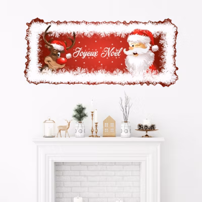 Sticker Noël Joyeux Noël renne et père Noël – Autocollants stickers adhésifs noël – décoration fêtes – 100x220cm