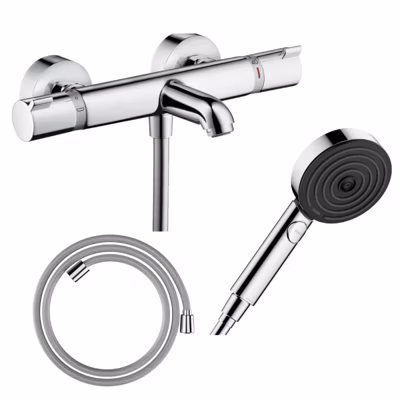 Pack mitigeur bain thermostatique HANSGROHE Ecostat Comfort + Flexible Designflex 1,6m + Pommeau Pulsify EcoSmart 3 jets chromé