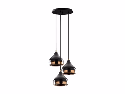 Lustre en métal à hauteur réglable – 3 abat-jours –  D. 37 x H. 25/111 cm – Noir et cuivré – YILDO