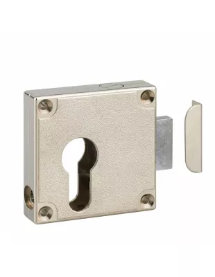 Boitier de serrure de meuble Universel en applique pour porte d&rsquo;ameublement, axe 21.5mm, 50x60mm, nickelé – THIRARD