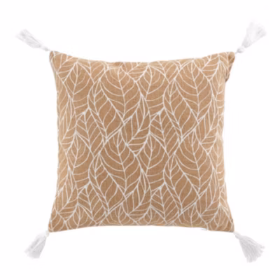 Coussin déhoussable en jute imprimé feuilles (40×40 cm – Blanc)