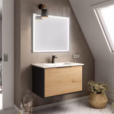 Meuble de salle de bain simple vasque – 1 façade et 2 tiroirs – ALBA et miroir VELDI – noir-Chêne – 80cm