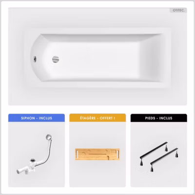 Baignoire rectangulaire – 150 x 70 cm – sans Habillage – avec Pieds – Étagère bambou – Vidage Chrome – SHEA