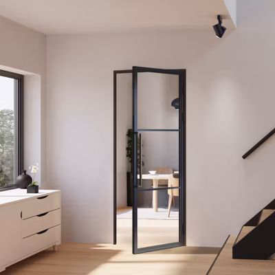 Schulte porte intérieure loft en verre – 93×204 atelier – noir mat – transparent – verrière – 3 vitrages – charnière droit