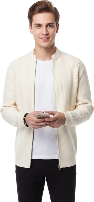 Cardigan en maille avec fermeture éclair – Homme – Wit – Pull – Coupe ajustée – Design côtelée