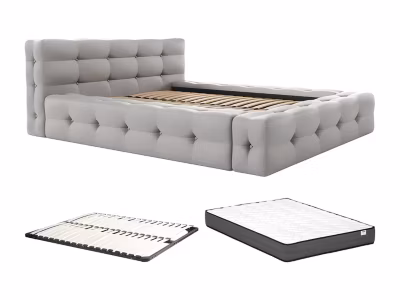 Lit capitonné 180 x 200 cm – Tissu chiné – Gris clair + Sommier + Matelas – LERUCO