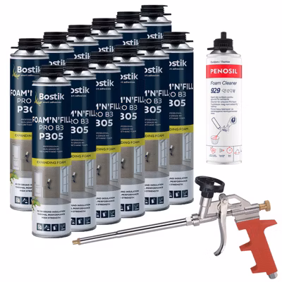 BOSTIK Pack 12 Mousses PU P305 Foam&rsquo;n&rsquo;Fill Pro B3 pistolable 750ml + Nettoyant FoamCleaner 929 500ml Penosil + Pistolet