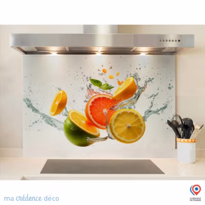 Crédence cuisine fond de hotte Splash, Oranges et citrons – Verre trempé – L 90 cm x H 50 cm – MaCrédenceDéco