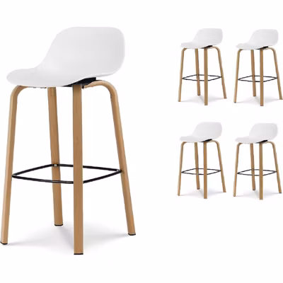 Lot de 4 tabourets de bar blancs style scandinave avec pieds effet bois en métal   Hauteur 66cm