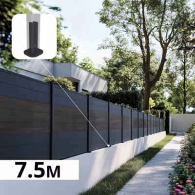 Kit Clôture Aluminium BAHIA & CRUZ Ardoise 7,38×1,2m – Bois Composite & Aluminium – Poteaux Gris – Brise Vue – Palissade