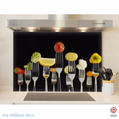 Crédence cuisine fond de hotte fourchettes et aliments 2 – Alu composite – L 90 cm x H 60 cm – MaCrédenceDéco
