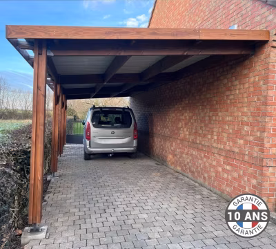 Carport adossé toit plat 500cmx950cm, bois DOUGLAS Français (Charpente en bois-auvent-abri voiture) 47,50 m². Garantie 10 ans