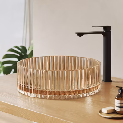 EMKE Lavabo en Verre Trempé Rond à Poser 400x400x120 mm, Vasque Salle de Bain, Rose Gold