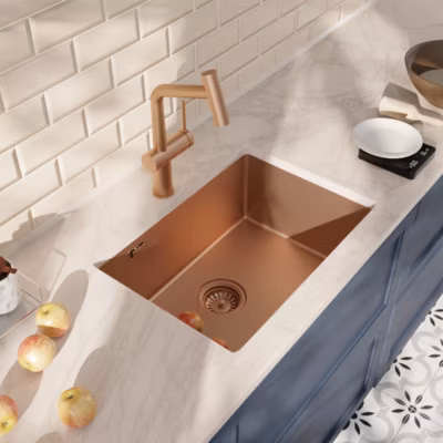 Timeless 55x45x21 cm évier sous plan en inox 304 + mitigeur inox avec douchette extractible, cuivre brossé (TMLKSU-5545BCP-M1)