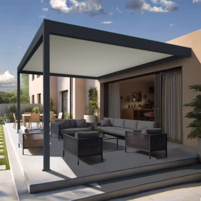 Pergola bioclimatique Xenon II perpendiculaire (Vérin à Télécommande + LED 3 côtés – Gris anthracite / Blanc – 6,093 x 4,00m)